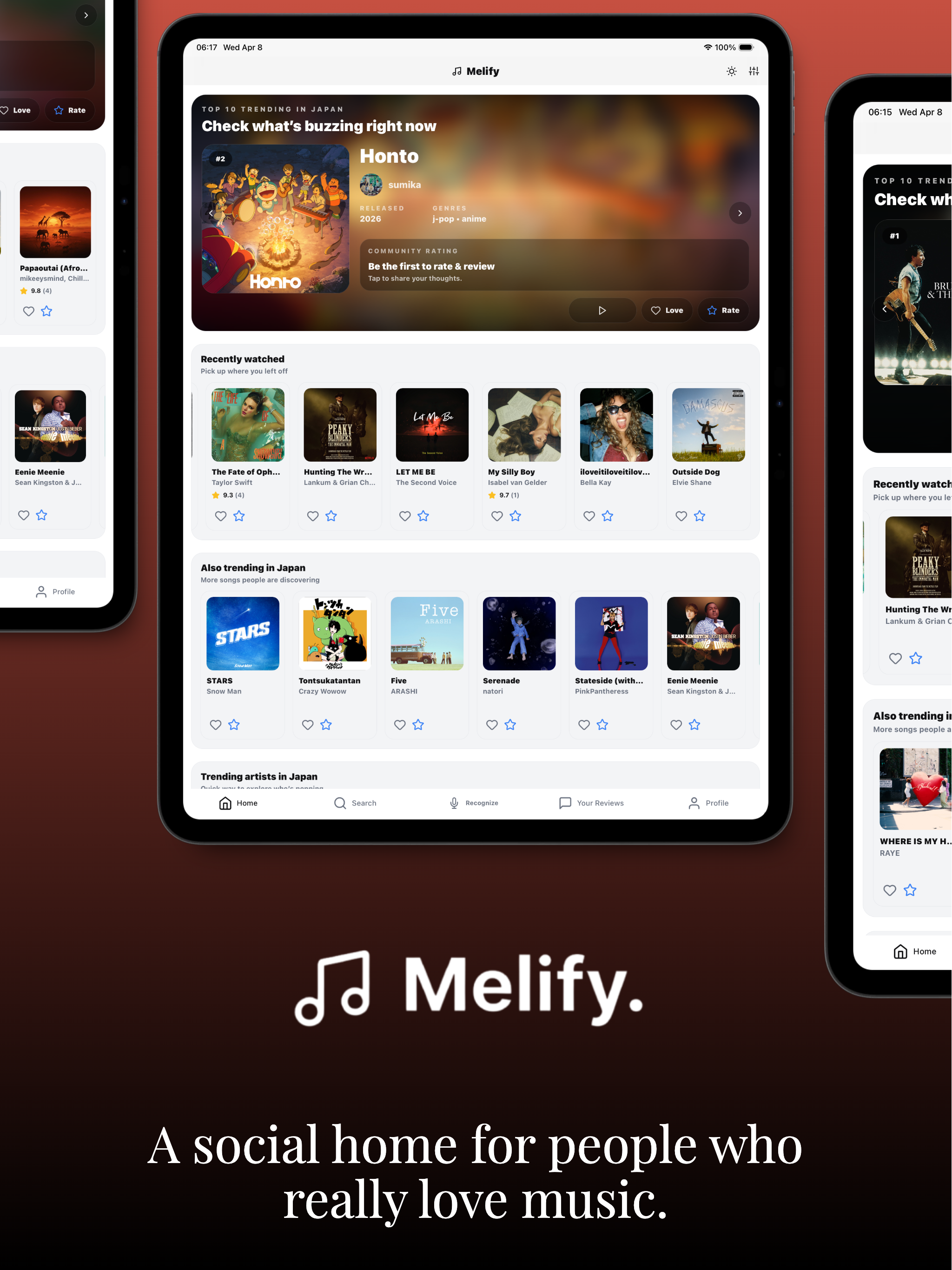 Melify home experience with trending and recently watched songs.